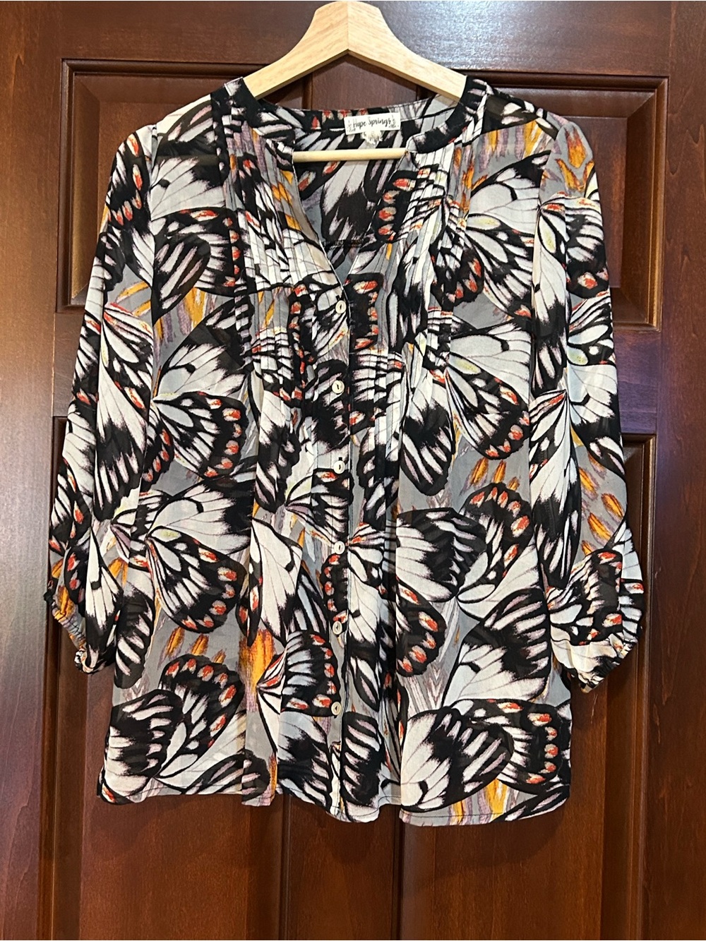 Hope Springs Butterfly Wing Print Blouse Boho Fairycore Button Front Size S